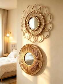 1Pc/2pcs Boho Handwoven Rattan Sunflower Round Wall Mirror,Rattan Woven Bamboo Glass Wall Mirror,Easy Install All Season,Floral Rattan Bathroom Vanity Mirror,Perfect Birthday Christmas & Mother's Day Gift-For Home Decor,Bedroom Decor,Wall Decor - Multicolor - View 7