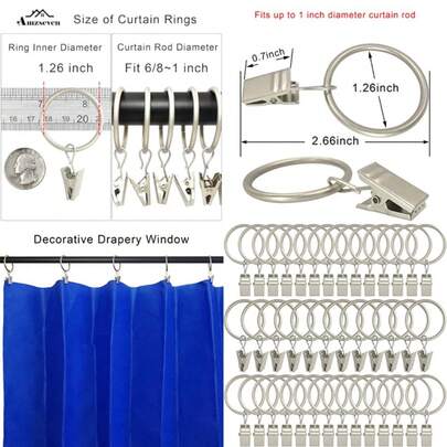 40 Pack Curtain Rings With Clips, Drapery Clips With Rings, Drapes Rings 1.26 In Interior Diameter, Fits Up To 1 In Curtain Rod