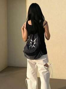 返校季小眾設計 Ins 風 Y2K 甜酷女孩星星圖案女學生後背包，耐髒抽繩束口包，百搭時尚學生背包，適合大學生與高中生 - 黑色 - 查看 4