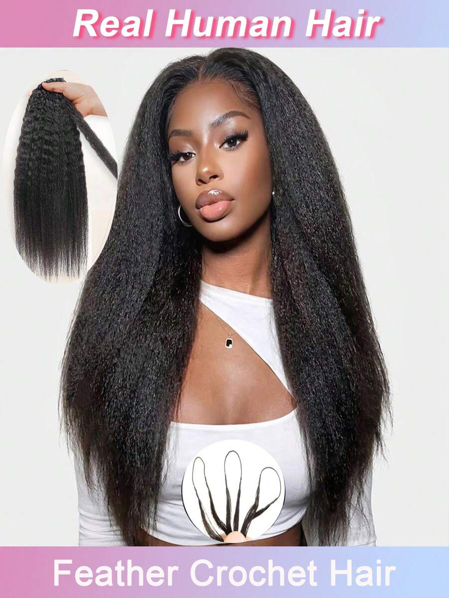 Kinky Straight Human Crochet Hair Miracle Knots Hair Crochet Human Hair Bundles 24 Inch 50g Pre-Separated Feather Crochet Human Hair Natural Yaki Straight Texture Extensions