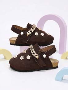 1 Pair Kids Rhinestone Closed-Toe Chain 3D Heart Flower Coffee Brown Mule Shoes, Suitable For Daily Wear - Coffee Brown - View 5