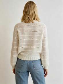 Women's Cream-Colored Horizontal Striped Hollow-Out Sheer Mohair Knit Sweater, Loose Round Neck Slouchy Long Sleeve Cover Up Top, Spring/Autumn White - White - View 4
