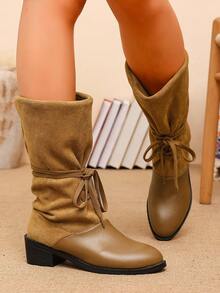 Loose Ruched Mid-Calf Boots With Adjustable Lace-Up Thick Heel, Round Toe Non-Slip Western Daily Women's Boots - Camel - View 5