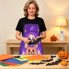 1pc Halloween Pumpkin, Ghost, Bat, Black Cat, Spider Web, Vintage Skeleton Witch, Haunted House, Halloween Pattern Apron, Suitable For Home Decor And Kitchen Use. Made Of 100% Polyester Material, Designed As Sleeveless Style, Perfect For Home Kitchen, Outdoor BBQ Cooking. This Printed Apron Is Unisex, Machine Washable And Reusable, An Essential Kitchen Accessory - Multicolor - View 6