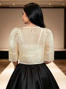 Modern Philippine Style Women's Top, Summer Fashion Comfortable Puff Sleeve Short Sleeve Blouse - Champagne - View 2