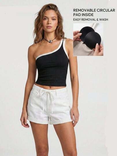 1pc 4-Season Sleeveless Camisole, 2-In-1 With Built-In Cup Holder, Colorblock Asymmetrical Shoulder Versatile Casual Tank Top For Women