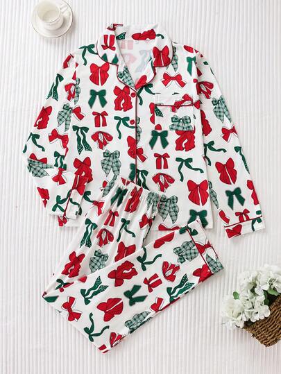 2-delat satinpyjamasset för kvinnor, rött och grönt rosettmönster, långärmad topp med krage och byxor med elastisk midja, mjuk och silkeslen avslappnad loungewear