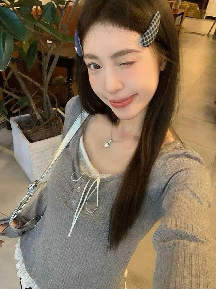 女款 2 合 1 蕾絲拼接長袖 T 恤，修身顯瘦打底上衣，適合早春 - 灰色 - 查看 5