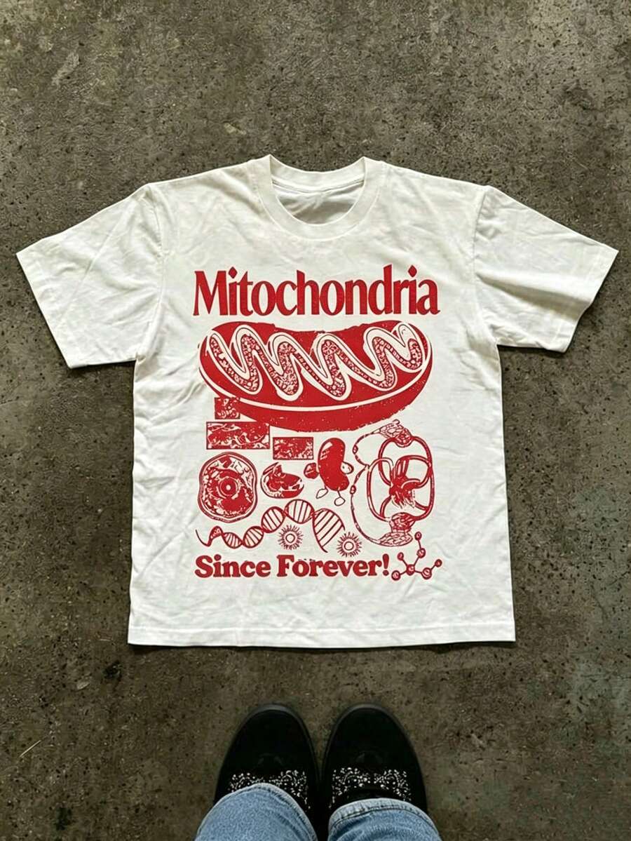 Women's Festival Tee: Mitochondria Graphic & Cell DNA Illustration, Blue Text, White Unisex Science Summer T-Shirt - 白色4 - 查看 1