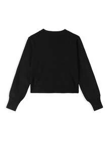 Women's Black Short Knit Sweater, Ribbed Details, Long Sleeve, Autumn Outfit Essential - Black - View 5