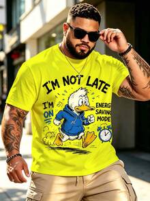 Plus Size Men's Neon Yellow Funny Cartoon Duck Print Short Sleeve T-Shirt, American Street Style Loose Casual Plus Size Top - Yellow - View 1