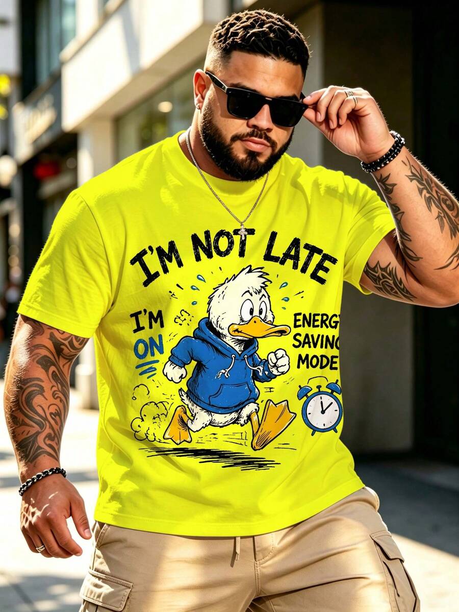 Plus Size Men's Neon Yellow Funny Cartoon Duck Print Short Sleeve T-Shirt, American Street Style Loose Casual Plus Size Top - Yellow - View 1