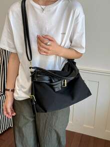 Vintage Contrast Color Belt Buckle Shoulder Crossbody Bag, Large Capacity Canvas & Leather Patchwork Tote Bag, Fashionable Versatile Commuter Handbag For Women - A - View 5