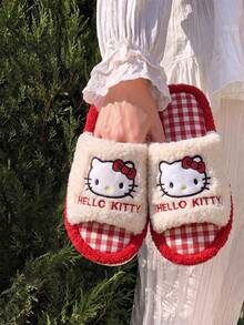 MAOLI Hello Kitty 開趾毛絨室內拖鞋，四季穿著，貓臉設計，優雅舒適吸汗透氣時尚百搭女款居家拖鞋，適合室內臥室大學宿舍，女款平底涼拖，趣味拖鞋 - 紅色的 - 查看 8