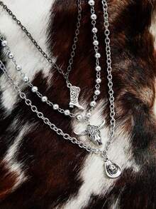 3pcs Western Cowboy Style Women's Chain Layered Necklace, Vintage Silver Bull Head, Cowboy Boots, Cowboy Hat Pendant Design, Versatile For Daily Wear, Express Your Personalized - Multicolor - View 3