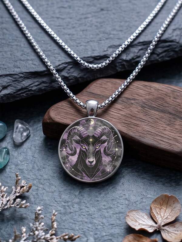1 Set Men's Stainless Steel Double Layer Aries Pendant Necklace Set, Starry Sky Moon & Circle Necklace, Gothic Style Amulet, Gift For Men And Boys, Necklace