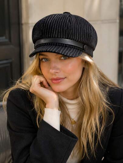 1pc Women's Spring Summer Autumn Octagonal Cap, Maillard Vertical Striped Corduroy Newsboy Hat, Vintage Leather Trim Tie Short Brim Painter Hat, Versatile Striped Navy Cap, Suitable For Outfit, Photography, Travel, Daily Use, Back To School
