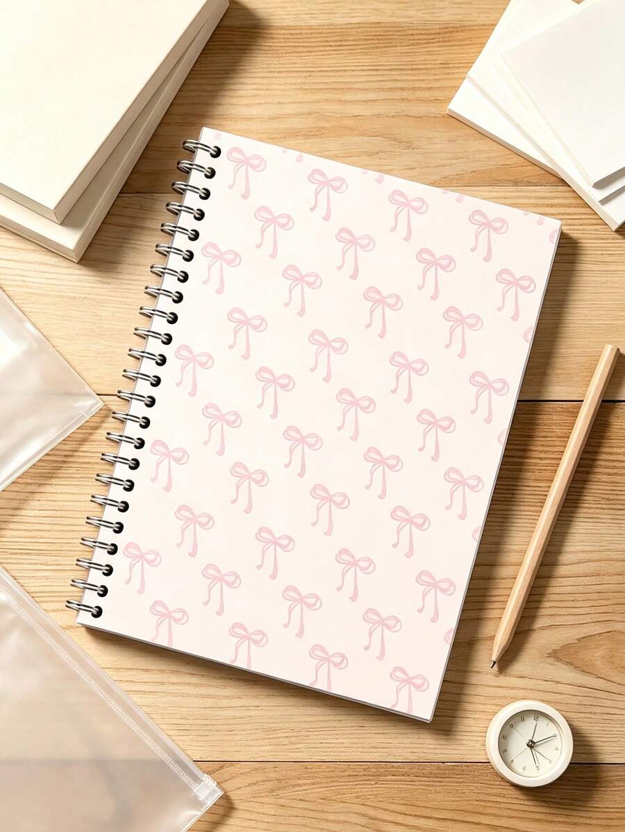 Bow Pattern Pink Notebook, A5 Lined Loose-Leaf Journal, Daily Record Book, Planner, Detachable Design, Simple Spiral Binding; Suitable For Writing And Office Use, Meeting University, Home And Campus Needs; Ideal For Organizing Study Materials Or As A Travel Journal; Essential Stationery For Back To School Season, Also Suitable For Recording Music Theory Knowledge And Piano Practice Sheet Music. - Multicolor - View 1