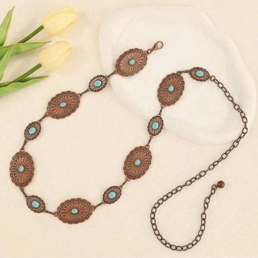 Carved Belt For Women With Skirts, Korean Versatile Sweet Decorative Thin Waist Chain - Bronze Blue - View 1