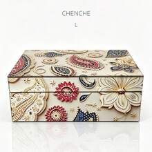 Set Of 2 Large & Small Paisley Floral Print Jewelry Box, Beige Rectangular Box With Black Velvet Lining, Decorative Accessory Storage Organizer For Dresser Bedroom Holiday Gift - Peisili - View 14
