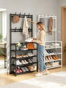 4-Tier / 5-Tier Independent Metal Shoe Rack (Material: Non-Woven Fabric), Can Be Used As Coat Rack, Multi-Functional Outdoor Storage Rack, Independent Hanging Clothes Rack, Multi-Tier Indoor Shoe Rack; Equipped With 8 Stainless Steel Double-Head Hooks, Shoe And Hat Combination Rack; 3-In-1 Space-Saving Storage Rack, Suitable For Bedroom, Living Room, Behind Door, Hallway, Can Serve As Coat Rack, Shoe Rack, Simple Portable Wardrobe, Luggage Storage Rack. - Multicolor - View 1