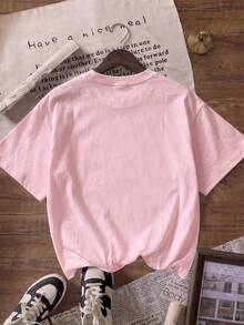 ZZG 夏季女款「Overstimulated.」字母圖案印花街頭通勤 Y2K 風格粉色圓領短袖 T-shirt 上衣 - 粉色 - 查看 3
