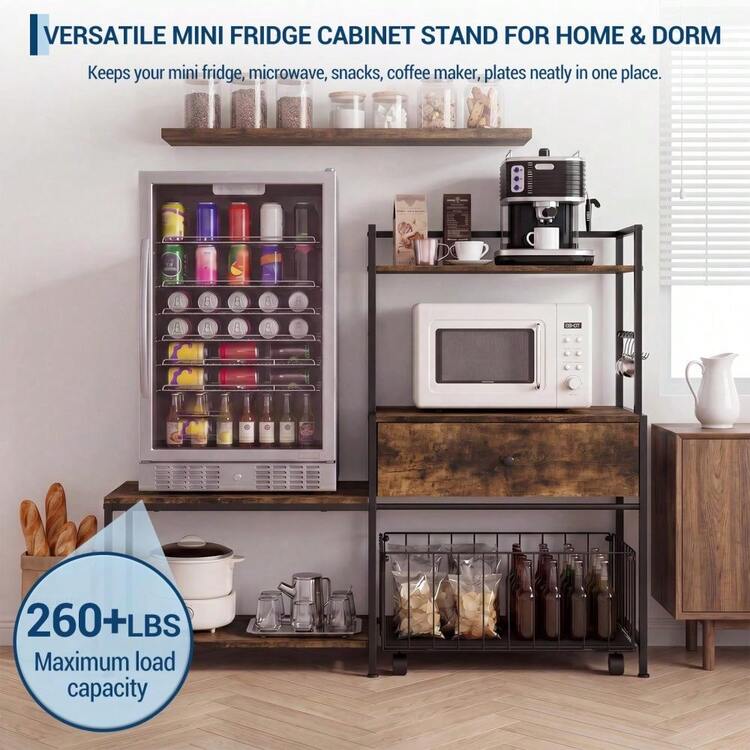 Techigher Mini Fridge Stand With Drawers, Heavy Duty Kitchen Baker's Rack With Mini Fridge Space, 5-Tier Microwave Stand & Coffee Bar Station, Space Saving Utility Organizer Cabinet For Office, Dorm, Studio - Multicolor - View 4
