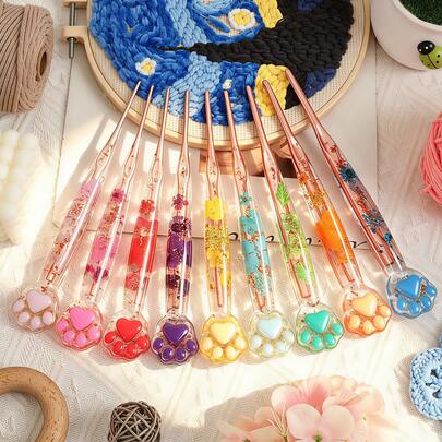 1/9pcs Cute Cat Paw Shaped Crochet Hooks, New Rose Gold Crochet Head, Transparent Dried Flower Resin Crochet Hooks, Suitable For DIY Knitting And Sewing Projects, Home Knitting Scarves, Sweaters