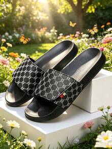 1 Pair Vintage Plaid Pattern Slip-On Slides, Soft Sole, Bouncy, Suitable For Indoor, Outdoor, Beach And Other Scenarios, Couple Style, Adjustable Hook And Loop - Black - View 2