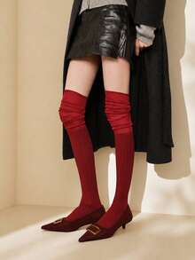 1 Pair Women Burgundy Ribbed Knit Slouchy Over The Knee Socks Old Money For Fall Boot Layering Office Daily Wear - Red - View 7