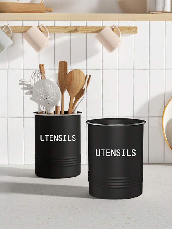1PC Farmhouse Black Metal Kitchen Utensils Holder Countertop Cooking Tools Storage Bucket Organizer