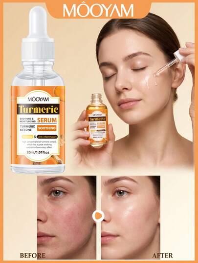 MOOYAM Turmeric Soothing Brightening Facial Serum, Serum Wajah Pelembap Kunyit Kurkumin, Anti-inflamasi, Menenangkan Kemerahan dan Kulit Kusam Secara Nyata, Menghaluskan Tekstur Kulit Kasar dan Tidak Merata, Ekstrak Tumbuhan Lembut, Cocok untuk Kulit Sensitif dan Semua Jenis Kulit, Perawatan Kulit Harian, 30ml