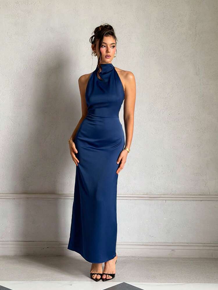 Women's Summer Blue Satin Elegant Backless Party Dress, Suitable For Dating, Vacation, Beach