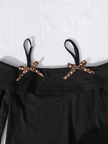 Girls' Fashionable Elegant 2-Piece Set With Off-Shoulder Spaghetti Strap Top, Contrast Bow Decor, Double Layer Polka Dot Print Tiered Skirt - Brown - View 5