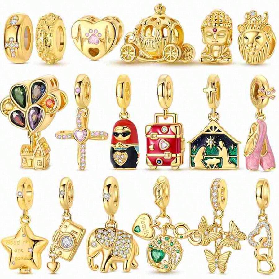 1 pieza Juego de colgantes con múltiples temas chapados en oro de 18K que incluye cruz, huella de pata, corazón, calabaza, carruaje, Buda, león, casa, matrioska, viaje, zapatillas de ballet, estrella, cámara, elefante, árbol de la vida, mariposa, corazón entrelazado, cuentas, adecuado para pulsera de 3mm, collar, fabricación de joyas, cuentas espaciadoras apilables, compatible con pulsera de cadena de serpiente DIY, regalo para mujeres y niñas