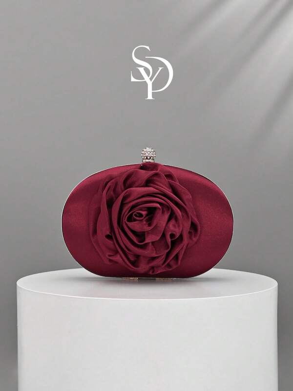 1pc Vintage Burgundy Satin 3D Rose Evening Clutch, Rhinestone Spherical Lock Bridal Toast Bag, Wedding Banquet Cheongsam Matching Crossbody Chain Small Bag, Retro Gentle Luxury Evening Dress Accessory