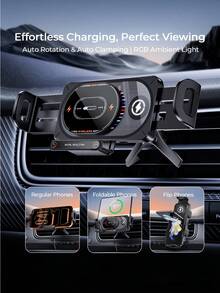 REMAX 15W Fast Wireless Car Charger Phone Mount With Auto-Clamping & Auto Rotation, Fits Foldable & Regular Phones, Adjustable Charging Coil For Precise Alignment, RGB Ambient Light, Stable Triangle Hook, Car Accessories, Car Essentials, Car Stuff - Holder - View 2