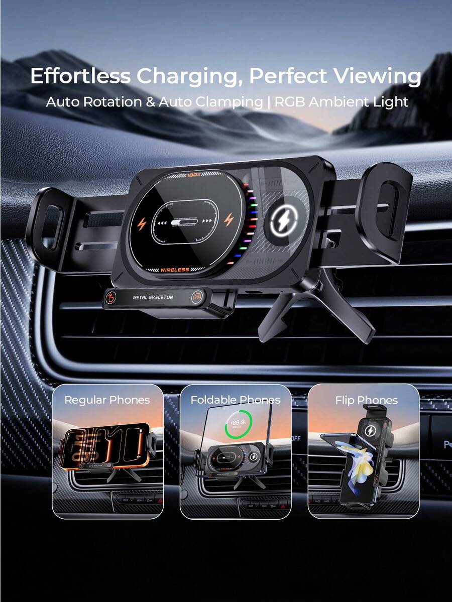 REMAX 15W Fast Wireless Car Charger Phone Mount With Auto-Clamping & Auto Rotation, Fits Foldable & Regular Phones, Adjustable Charging Coil For Precise Alignment, RGB Ambient Light, Stable Triangle Hook, Car Accessories, Car Essentials, Car Stuff