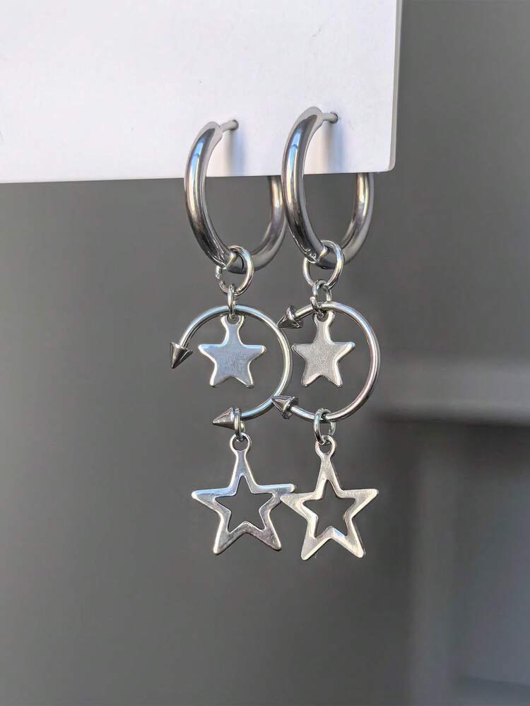 1pair Punk Style Heart Shaped Stainless Steel Pendant Earrings, Hip Hop Y2K Accessories, Suitable For Women's Daily Wear Jewelry Valentines - Silver - View 25