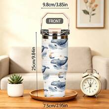 1/5 pièces Gobelet isotherme sous vide 30oz avec boîte cadeau, imprimé nuage bleu et blanc rayé lune étoile baleine, poignée pliable portable, couvercle anti-fuite à double rabat, tasse à double paroi, convient pour les promenades nocturnes, cadeau de dessin animé océan ciel étoilé rêveur - Baleine étoilée - Voir 8