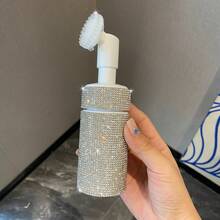 200ml Multifunctional Rhinestone Foaming Pump Bottle With Soft Brush Head, Press-Type Pump Generates Rich Fine Foam For Gentle Facial Cleansing, Detachable Brush Head Deep Exfoliate & Remove Makeup Residue, Refillable Design Reuse With Face Wash - White - View 2