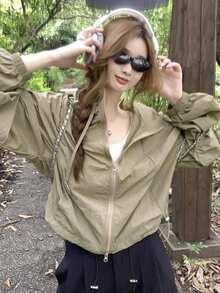 Sun Protection American Sweet Cool Style Utility Windbreaker Jacket - Khaki - View 1