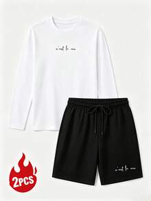 Men's Summer Crew Neck Casual Long Sleeve T-Shirt And Casual Shorts Loungewear Set - White - View 4