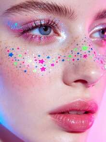 3pcs Y2K Neon Freckle Tattoo Sticker Set, Colorful Star, Moon & Heart Pattern Face Stickers, Waterproof Neon Freckle Stickers For Music Festivals, EDM Parties & Party Makeup - Multicolor - View 3