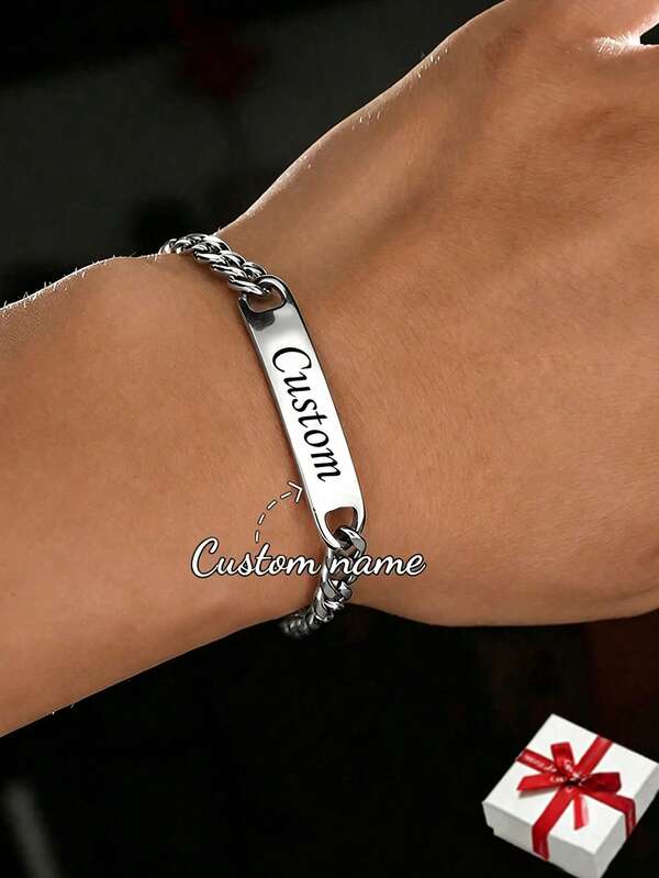 Classic Vintage Stainless Steel Men's Curved Chain Bracelet, Customizable Engraving, Personalized Adjustable, Suitable For Weddings, Anniversaries, Valentine's Day And Other Occasions, Ideal Gift For Men, Also Perfect Choice For Women, Boyfriend, Girlfriend, Father, Family, Friends, Son, Mother, Daughter, Grandparents