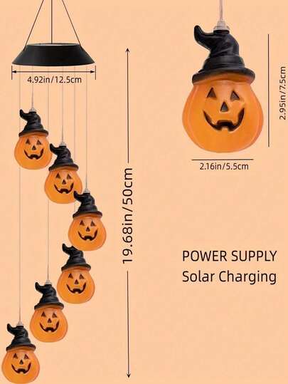1pc 6LED Black Pumpkin Solar Powered Wind Chime Light, Suitable For Halloween Holiday Lighting, Applicable To Windowsill, Eaves, Balcony, Outdoor Scary Decoration[Solar Powered]