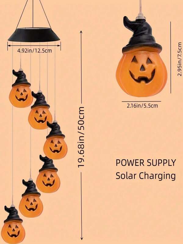 1pc 6LED Black Pumpkin Solar Powered Wind Chime Light, Suitable For Halloween Holiday Lighting, Applicable To Windowsill, Eaves, Balcony, Outdoor Scary Decoration[Solar Powered]