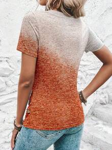 Women's Gradient Print V-Neck Short Sleeve Ruched Waist T-Shirt Top - Coral Orange - View 4