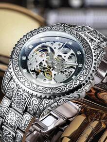 T-WINNER 1pc Men's Classic Vintage Carved Hollow Automatic Mechanical Watch With Rotating Bezel, Luminous Hands, Rhinestone Decorated Dial, Luxury Stainless Steel Band, Business Casual Wristwatch - Silver - View 3