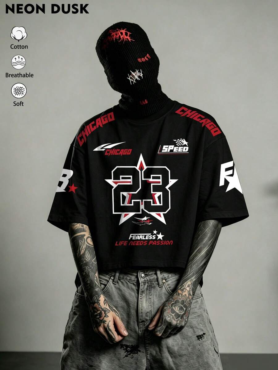 1pc Men's Chicago 23 Graphic T-Shirt Y2K Motorcycle Racing Style Breathable Soft Pure Cotton Black Short Sleeve Suitable For Streetwear And Daily Wear - Black - View 1